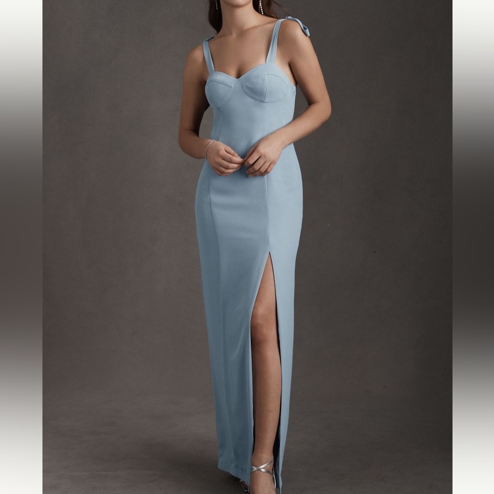 BHLDN Antonia Georgette Bow Shoulder Blue Dress